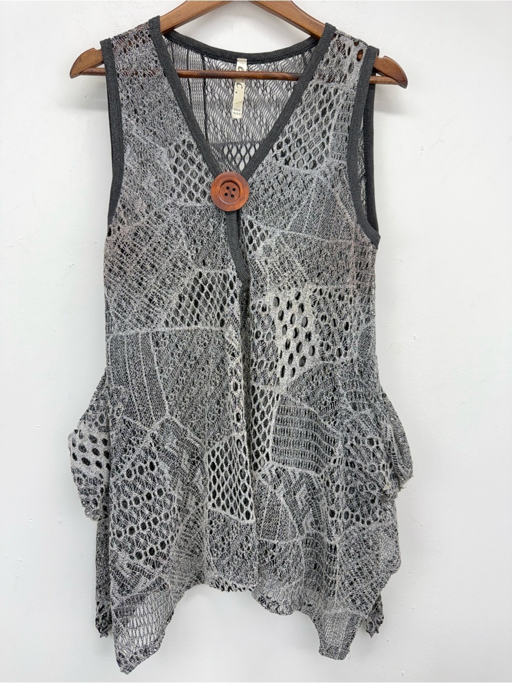 Etc. One Size Women’s Boho Black Gray Open Knit Patchwork Crochet Tunic Top